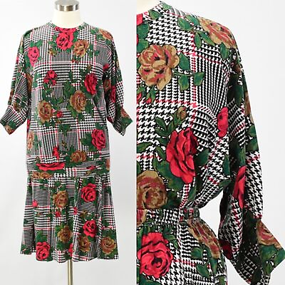 #ad 80s Vintage Womens Floral 2 Piece Skirt Suit Dress Elasticized Waist XL $50.00