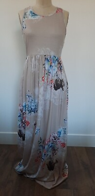 Full Length Maxi Dress Knit Beige Floral Sleeveless Racerback Size Small Pockets $15.00