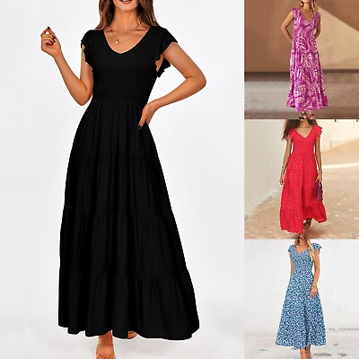 #ad Women#x27;s Summer Flowy Maxi Dress Casual Cap Sleeve V Neck Small Junior Dresses $26.15