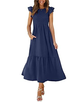 #ad Women#x27;s Casual Maxi Dresses with Pockets Ruffle Sleeve X Large 09 Navy Blue $61.96