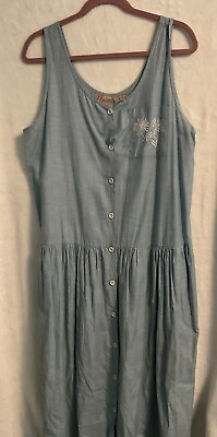 #ad Denim Blue Cotton Floral Design Button Down Sleeveless Sun Maxi Dress $49.09