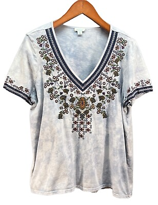 #ad Sundance Blue Women’s Top Floral Boho Embroidered XL 100% Cotton $24.99