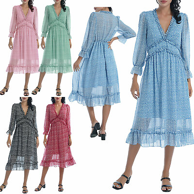 Fall Summer Dress Long Sleeve V Neck Ruffle Layer Backless Swing Mini Boho Skirt $26.45