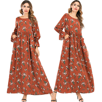 Floral Muslim Women Loose Abaya Long Sleeve Maxi Dress Casual Kaftan Jilbab Robe C $36.46