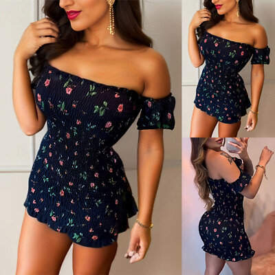#ad Womens Sexy Boho Floral Off Shoulder Mini Dress Bodycon Holiday Beach Sundresses $22.59