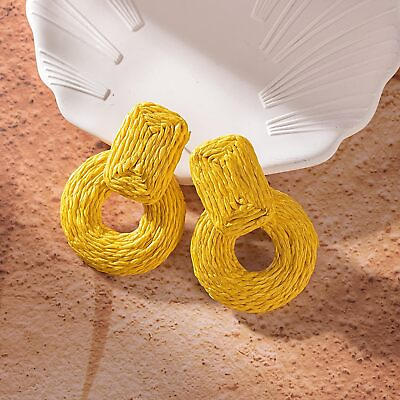 Statement Raffia Earrings Cute Boho Rattan Dangle Handmade Straw Wrap Drop Women $32.86