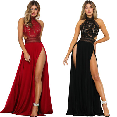 Sexy Women#x27;s See through Lace Tops Backless High Slit Party Dress Evening Gown $25.99