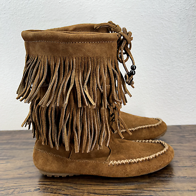 #ad Minnetonka Womens Boots Size 8 Brown Suede Moc Toe Fringe Tie Mid Calf Boot $24.42
