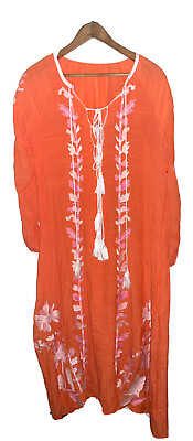 #ad #ad Boho Embroidered Tasseled Gauzey Maxi Dress Sz Medium Orange White $19.50