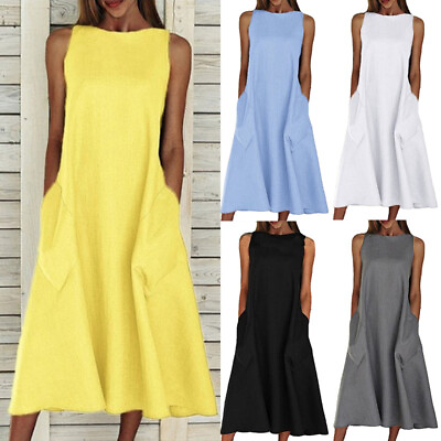 #ad Plus Size Womens Ladies Summer Sleeveless Cotton Blend Kaftan Baggy Midi Dress $17.31
