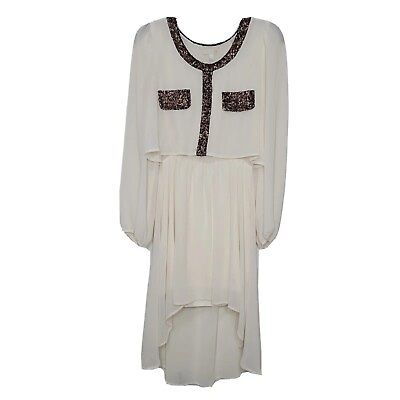 #ad Gianni Bini Long Sleeve High Low Ivory Boho Dress w Brown Sequin Neck Size M $14.00
