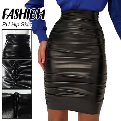 #ad Women Sexy Faux Leather Pleated Solid Midi Wrap Pencil Skirt Hot Party Punk Dres $18.90