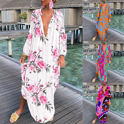 Sundress Dress Beach Maxi Boho Dresses Holiday Button V Neck Loose Women Casual $20.47