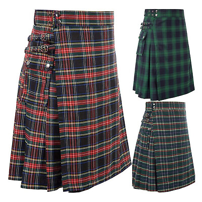 #ad Women Scottish Style Skirt Men Fashion Dress Plaid Contrast Color Pocket Pleated $26.32