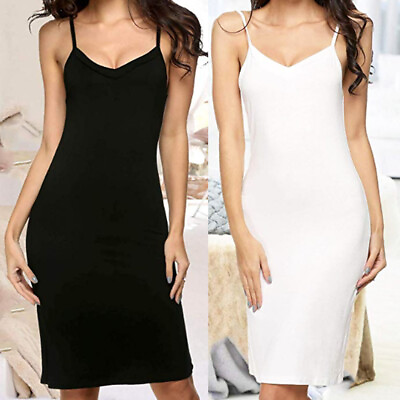 US Women Long Cotton Blend Spaghetti Strap Full Slip Under Dress Liner Nightgown $14.99
