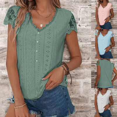 #ad Women Summer Lace V Neck Blouse Shirt Short Sleeve Hollow Party Tops Casual Tee $15.38