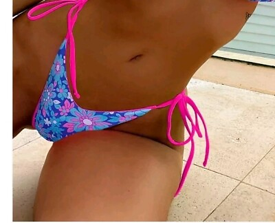 #ad NEW SHEIN Womens Pink Blue Floral Low Rise Tanga Swim Bikini Bottoms Tie Size L $7.95