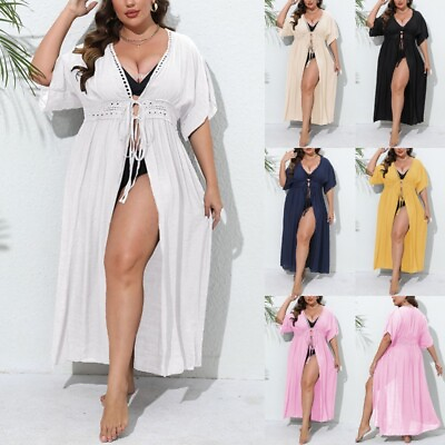 #ad Ladies Beach Coverup 3 4 Sleeve Plus Size Swimsuit Cover Ups Women Plain Summer $20.99
