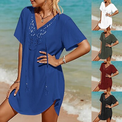 #ad Womens Swimsuit Coverup Lace Crochet V Neck Bathing Suit Cover Up Dress Beach $13.40