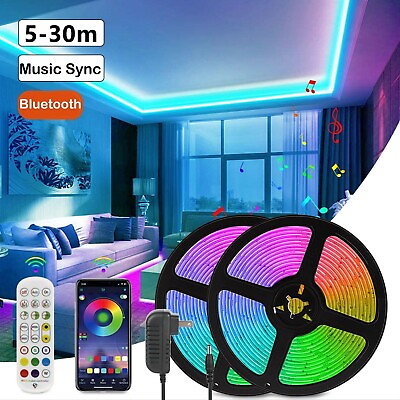 LED Strip Lights 100ft 50ft Music Sync Bluetooth 5050 RGB Room Light with Remote $14.92