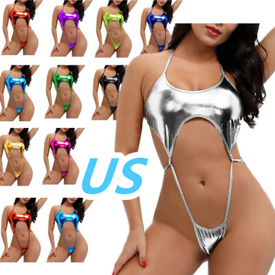 #ad US Women Shiny Halter Bikini Swimsuit One piece Bodysuit Monokini Bathing Suit $7.69