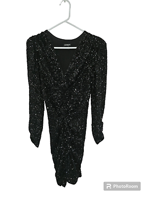 #ad Express Shiny Black Sequins Gathered Plunging Sexy Cocktail Dress XS $29.75