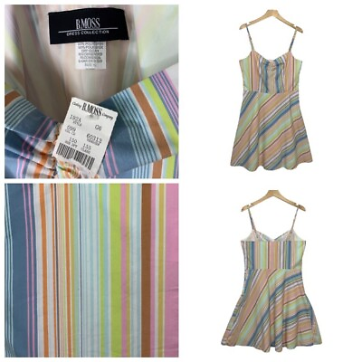 #ad B Moss Lined Summer Sun Dress Womens Size 12 Rainbow Stripe Deadstock Vintage $33.96