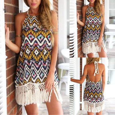 #ad Womens Summer Beach Halter Mini Dress Sleeveless Floral Print Tassel Sundress US $18.59
