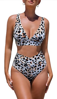 #ad NWT Hilinker sz XL 2 pc Bikini Swimsuit High waist Vneck Leopard print V21 $19.99