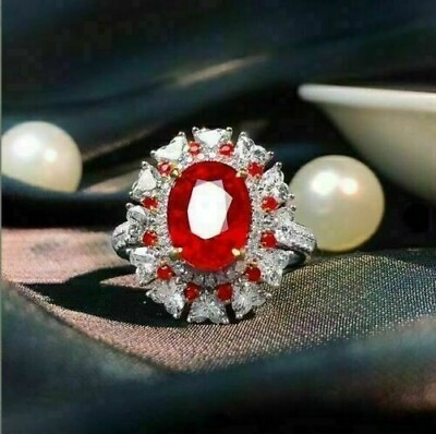 #ad Oval Cut Simulated Red Ruby Halo Cocktail Women#x27;s Ring In 14k White Gold Plated $142.49