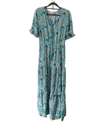 #ad Hayden Baltic Born Blue Floral Maxi Dress Womens Medium Tiered Tassel Rayon Long $41.99