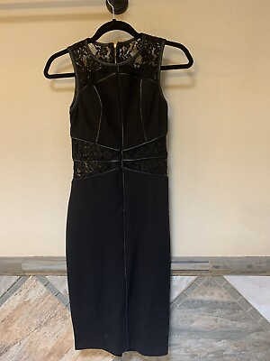 XOXO Brand Little Black Dress XS Lace and Faux Leather Trim Stretch Knee Length $52.00