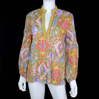 #ad Zara Printed Blouse Khaki Pink 8159 046 Mandarin Collar Split Neck Boho Medium $29.95