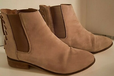 #ad Womens 7.5 EUR 38 Ankle Boot Pull On Tan Leather Suede Gusset Lace Up Back $14.00