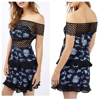#ad Topshop Blue Black Cutout Ruffle Tiered Bardot Cocktail Event Party Dress Size 6 $13.88