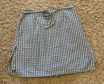 #ad Van Heusen Plaid Skirt Women’s Size 8 Built in Shorts Side Zipper Belt Blue $10.50