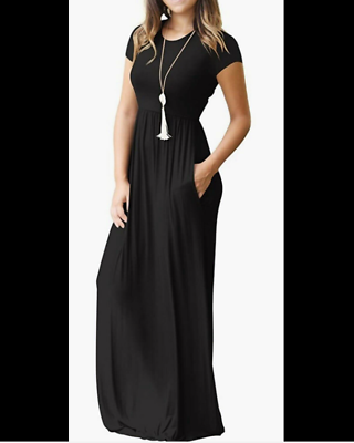 EUOVMY Womens Short Sleeve Loose Maxi Dresses Casual Long Dress w Pockets Black $15.00