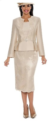 #ad GIOVANNA APPAREL3PC PEPLUM JKT LACE OVERLAY SKIRT SUIT SIZE 14W CHAMPAGNE $120 $120.00