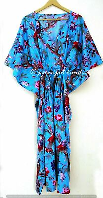 Indian Turquoise Long Bird Print Cotton Hippie Maxi Women Nightwear Caftan Dress $22.31