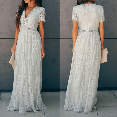 #ad Women#x27;s V neck Short Sleeve Lace Party Evening Formal Cocktail Long Maxi Dress $41.77
