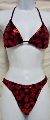 #ad Black Red Lips Bikini Women#x27;s TEENS Swimsuit SZ M 2pc NWOT #73 $39.00