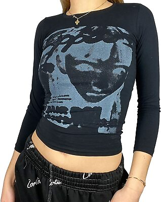 Womens Face Portrait Print Crop Top Y2K E Girls 90s Long Sleeve Shirt Graphic Pr $30.92