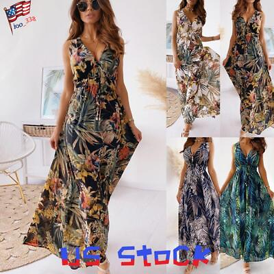 Womens Floral Boho V Neck Long Maxi Dress Ladies Summer Beach Holiday Sundress $23.69
