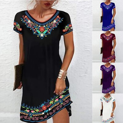 #ad Boho Womens Floral Dress Ladies Summer Holiday Short Sleeve Mini Sun Dress $14.99