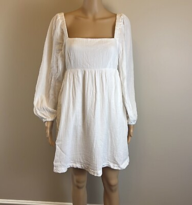 #ad New J Crew Women White Soft Gauze Square Neck Long Sleeve Smocked Mini Dress S $45.00