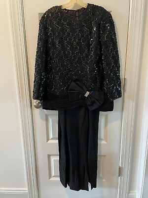 Vintage 80s Karen Lawrence Evening Dress Size 12 Black Sequins Bow $24.75