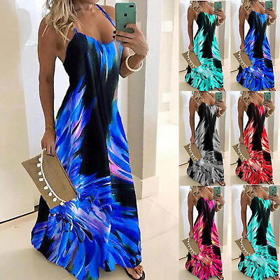 #ad Women Summer Floral Long Maxi Dress V Neck Boho Beach Holiday Sundress plus size $23.23