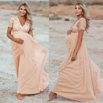 Women Pregnant Maternity Photography Prop Short Sleeve Sequined Party Long Dress $14.75