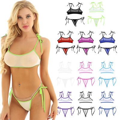 #ad Women Sexy See Through Sheer Self tie Bikini Set Micro Bra Top G String Swimwear $8.45