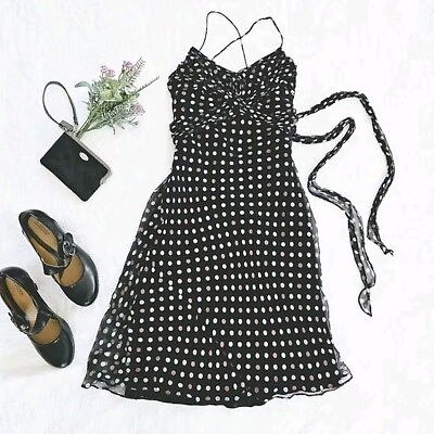 #ad Laundry Women#x27;s Cocktail Evening Dress Size 4 Silk Black Polka Dots Flowy Midi $34.49